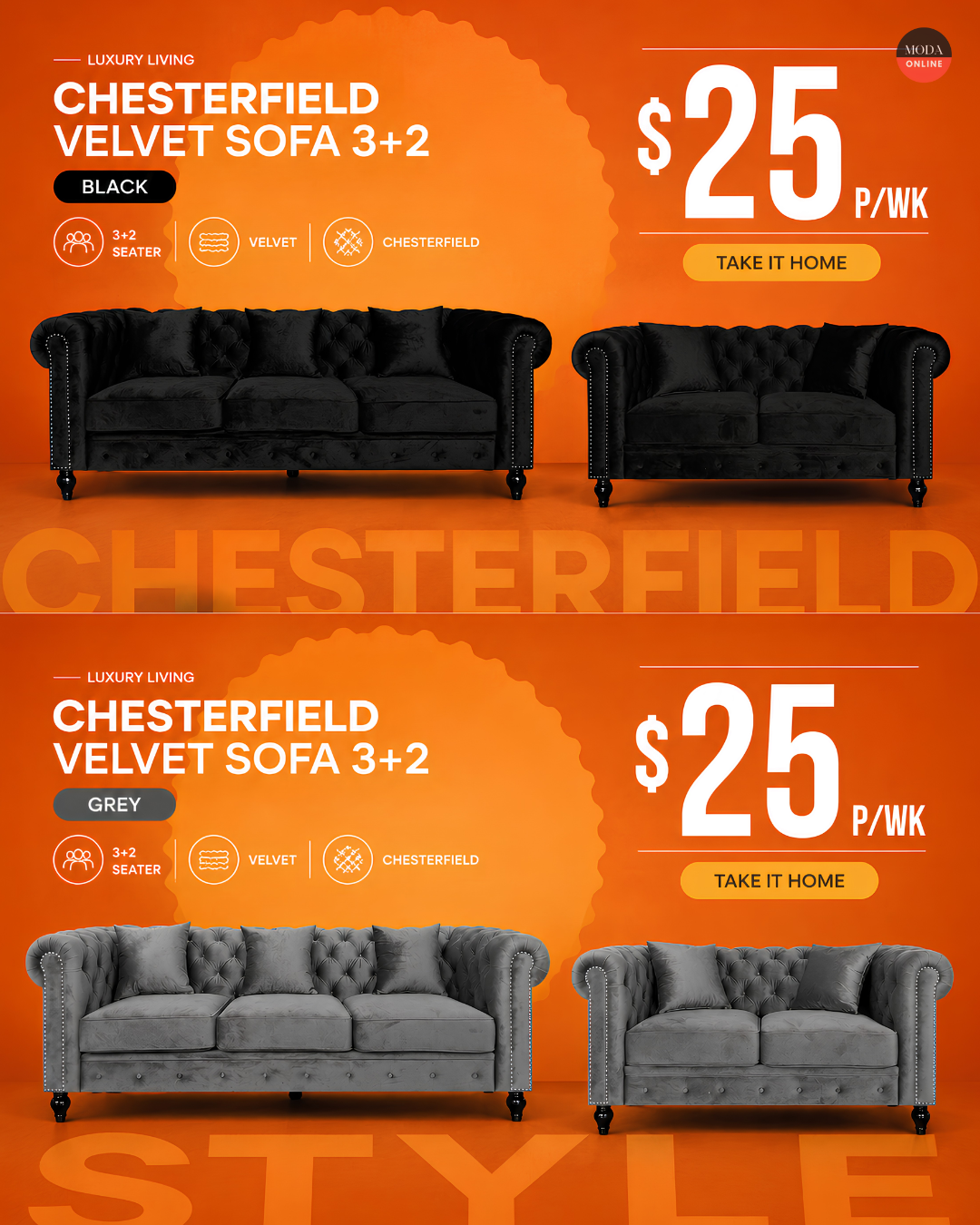 Chesterfield Velvet Sofa 3+2