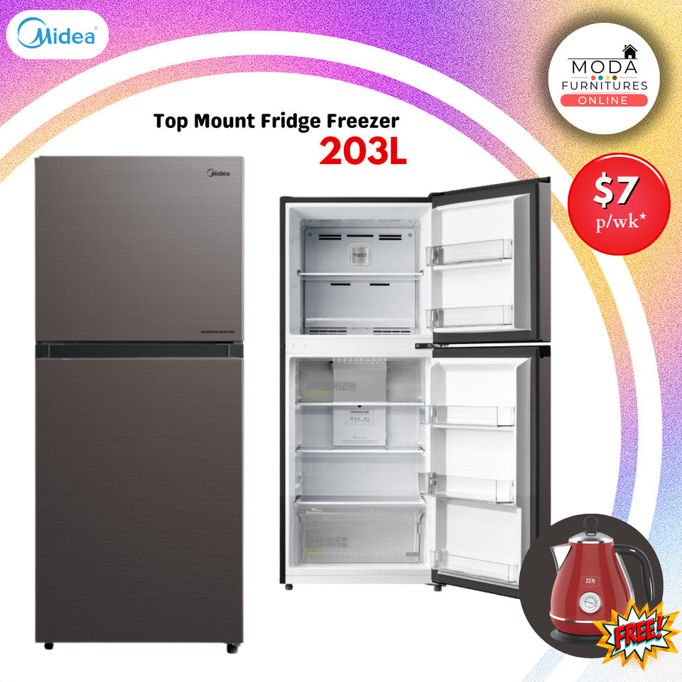 Midea 203L Fridge Freezer Black SS Top Mount Freezer